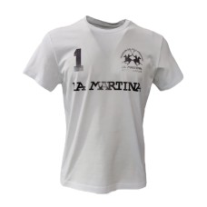 La Martina T-Shirt REGULAR FIT Bianca in cotone a manica corta con logo e patch stampati a contrasto nero laminato