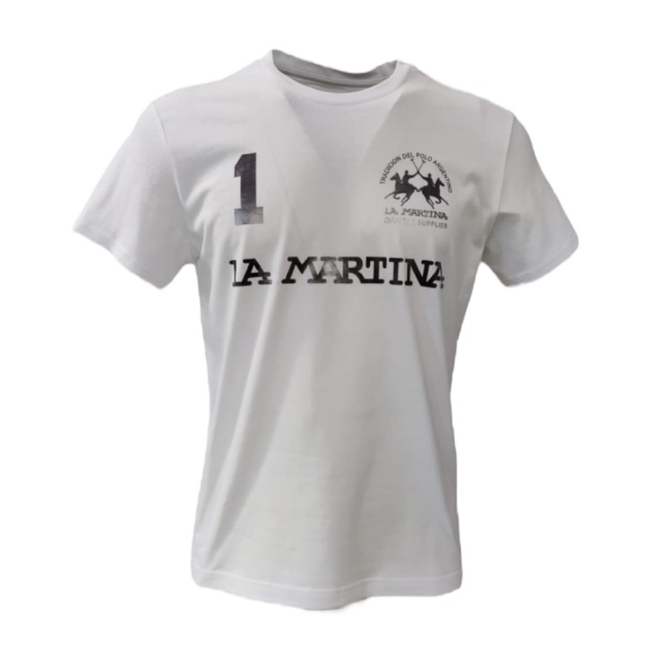La Martina T-Shirt REGULAR FIT Bianca in cotone a manica corta con logo e patch stampati a contrasto nero laminato
