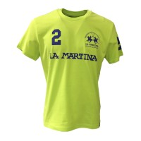 La Martina T-Shirt REGULAR FIT Verde Lime in cotone a manica corta con logo e patch stampati a contrasto blu