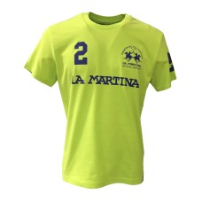 La Martina T-Shirt REGULAR FIT Verde Lime in cotone a manica corta con logo e patch stampati a contrasto blu