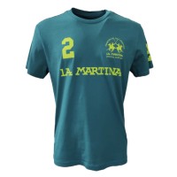 La Martina T-Shirt REGULAR FIT Verde in cotone a manica corta con logo e patch stampati a contrasto verde lime