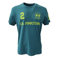 La Martina T-Shirt REGULAR FIT Verde in cotone a manica corta con logo e patch stampati a contrasto verde lime