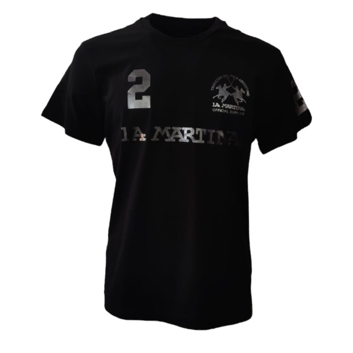 La Martina T-Shirt REGULAR FIT Nera in cotone a manica corta con logo e patch stampati a contrasto nero laminato