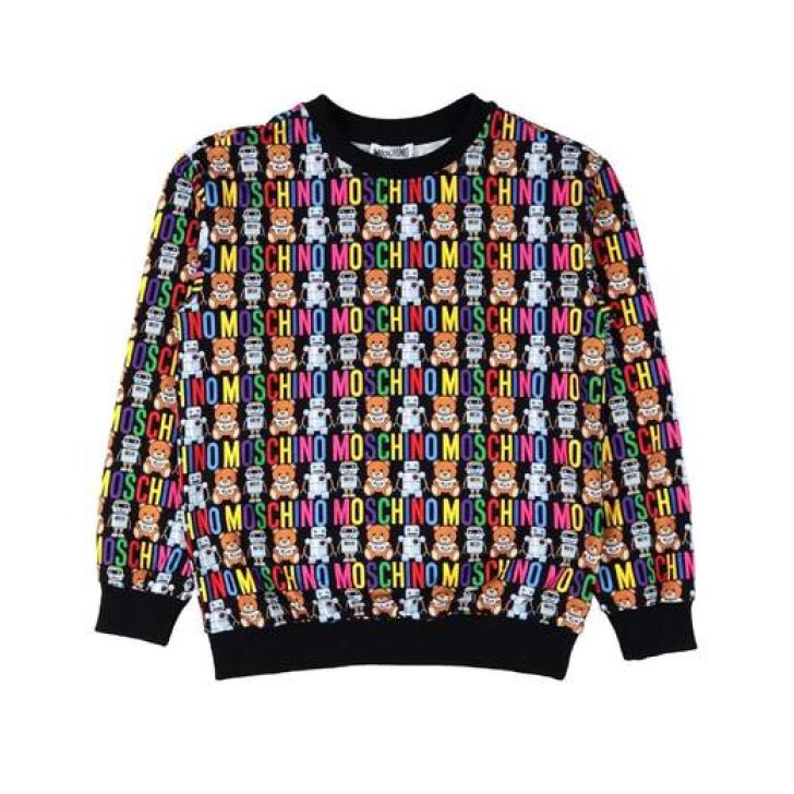 Moschino Felpa nera con stampa Teddy Robot e logo lettering multicolore All Over