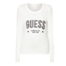 GUESS T-SHIRT A MANICA LUNGA IN COTONE BIANCA CON LOGO LETTERING