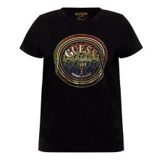 GUESS T-SHIRT NERA A MANICA CORTA IN COTONE CON MAXI LOGO STAMPATO E STRASS