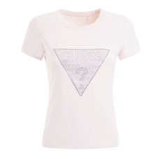 GUESS T-SHIRT A MANICA CORTA IN COTONE ROSA CON LOGO IN STRASS