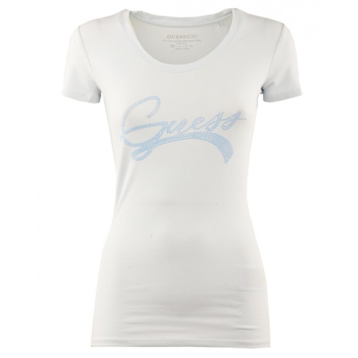 GUESS T-SHIRT A MANICA CORTA POLVERE CON LOGO LETTERING IN STRASS
