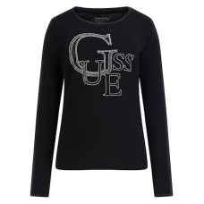 GUESS MAGLIA IN COTONE A MANICA LUNGA BLACK CON MAXI LOGO LETTERING IN STRASS
