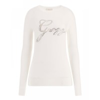 GUESS MAGLIONCINO A GIROCOLLO CREAM CON LOGO LETTERING RICAMATO E STRASS