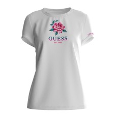 Guess t-shirt bianca con logo e rosa glitter