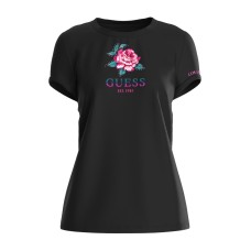 Guess t-shirt nera con logo e rosa glitter