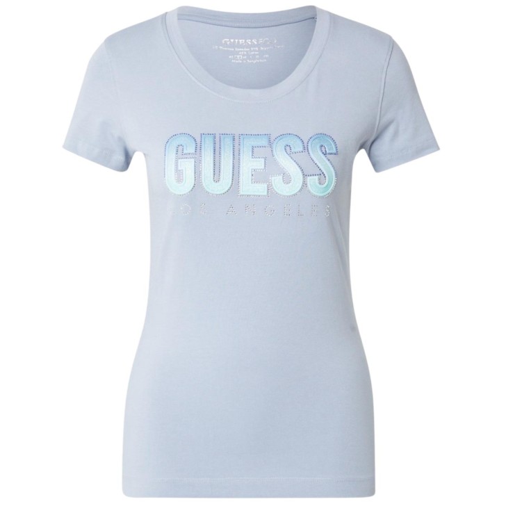 GUESS T-SHIRT AZZURRA LOGO GLITTER SFUMATO