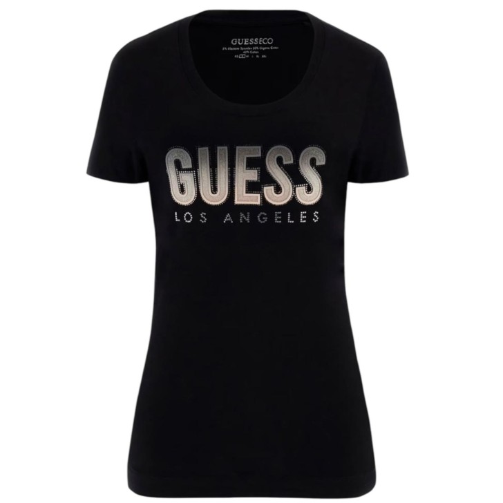 GUESS T-SHIRT NERA LOGO GLITTER SFUMATO
