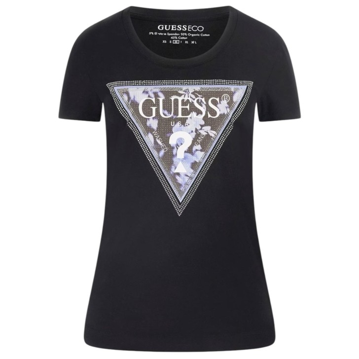 GUESS T-SHIRT NERA TRIANGOLO FLOWER