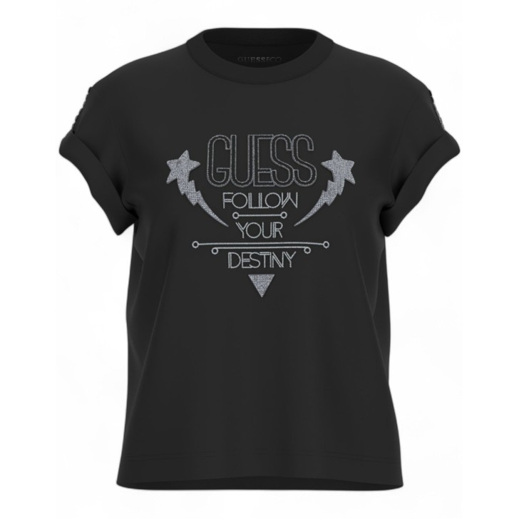GUESS T-SHIRT NERA LOGO IN STRASS 
