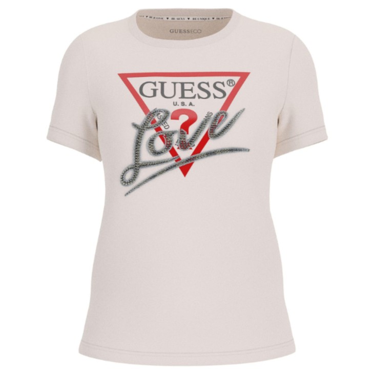 GUESS T-SHIRT CREMA LOGO TRIANGOLO LOVE IN STRASS