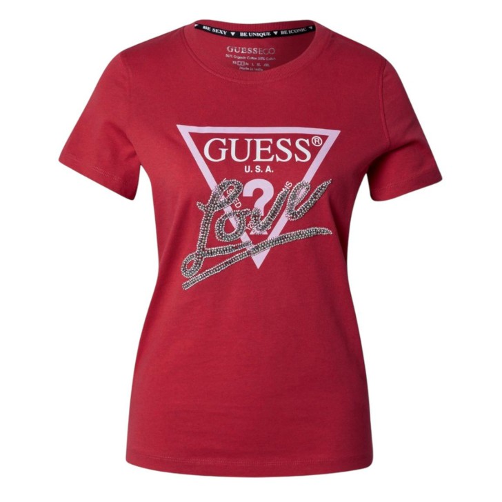 GUESS T-SHIRT FUCSIA LOGO TRIANGOLO LOVE IN STRASS