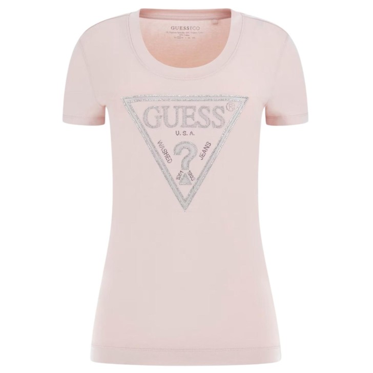 GUESS T-SHIRT ROSA LOGO TRIANGOLO STRASS