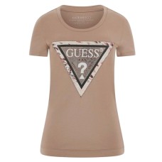 GUESS T-SHIRT BEIGE LOGO TRIANGOLO ANIMALIER