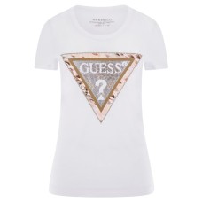 GUESS T-SHIRT BIANCA LOGO TRIANGOLO ANIMALIER 