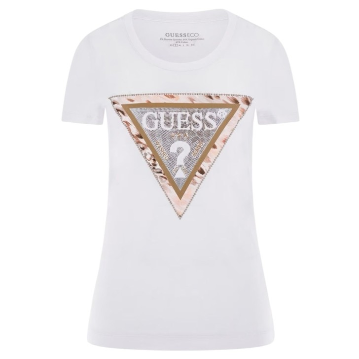 GUESS T-SHIRT BIANCA LOGO TRIANGOLO ANIMALIER 