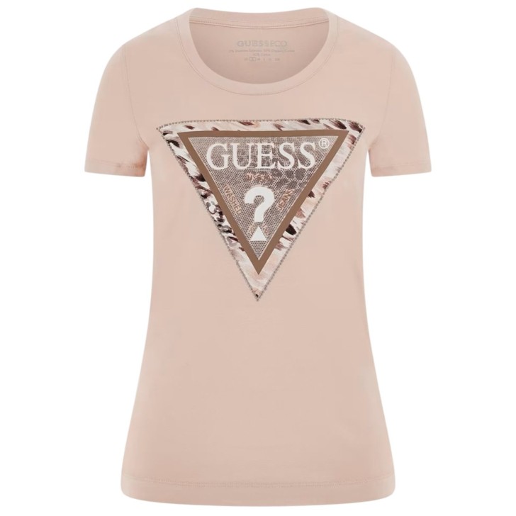 GUESS T-SHIRT ROSA LOGO TRIANGOLO ANIMALIER
