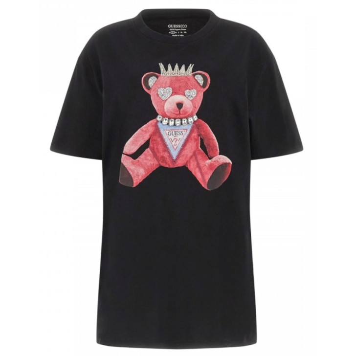 GUESS T-SHIRT NERA CON ORSO ROSA GLITTER 