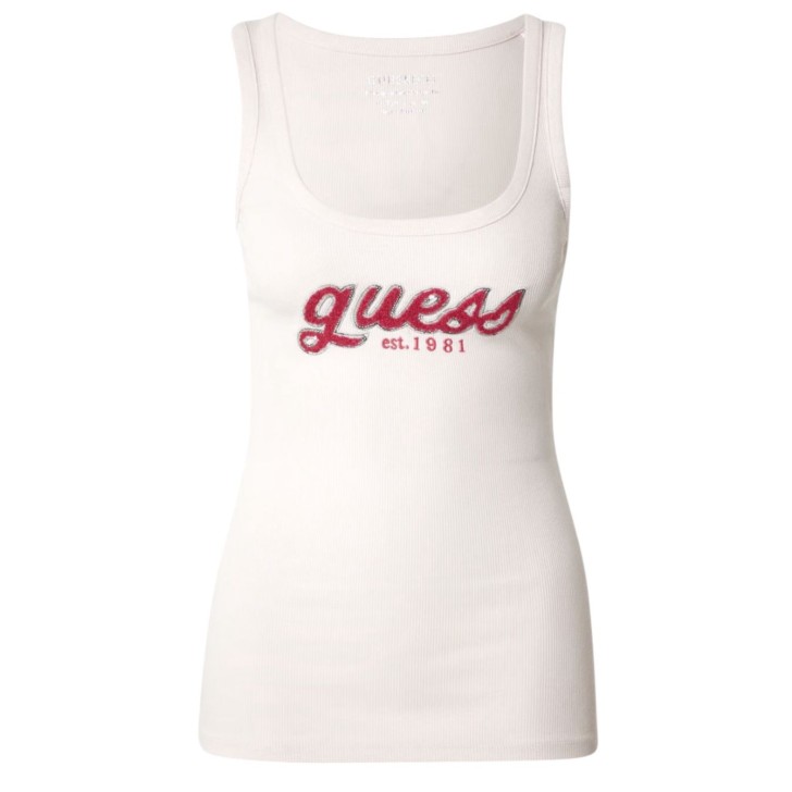 GUESS CANOTTA CHENILLE BIANCA CON LOGO RICAMATO