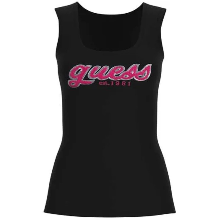 GUESS CANOTTA CHENILLE NERA CON LOGO RICAMATO 