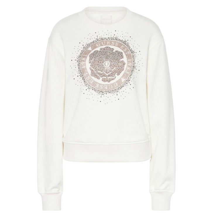 GUESS FELPA A MANICA LUNGA CREMA CON PEONY LOGO STRASS