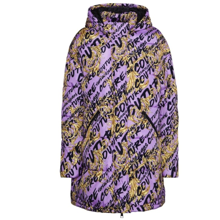 Versace Jeans Couture Giubbotto lungo Over Lilla con stampa Logo Brush Couture All Over