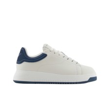 EMPORIO ARMANI SNEAKER IN LEATHER WHITE CON RETRO IN GOMMA BLUE CON LOGO AQUILA	