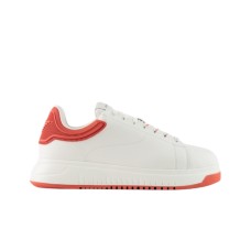 EMPORIO ARMANI SNEAKER IN LEATHER WHITE CON RETRO GOMMATO ORANGE CON LOGO AQUILA	