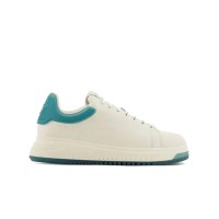 EMPORIO ARMANI SNEAKER IN PELLE CON RETRO SEMITRASPARENTE TURCHESE CON LOGO AQUILA E SUOLA ZIGRINATA 