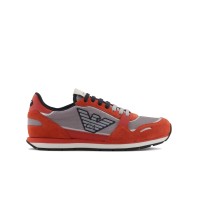 EMPORIO ARMANI SNEAKER IN MESH GREY CON DETTAGLI SUEDE ORANGE E MAXI PATCH AQUILA