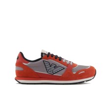 EMPORIO ARMANI SNEAKER IN MESH GREY CON DETTAGLI SUEDE ORANGE E MAXI PATCH AQUILA