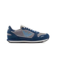 EMPORIO ARMANI SNEAKER IN MESH GREY CON DETTAGLI SUEDE BLUE E MAXI PATCH AQUILA	