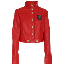 Versace Jeans Couture Giacca rossa in pelle con patch nera 