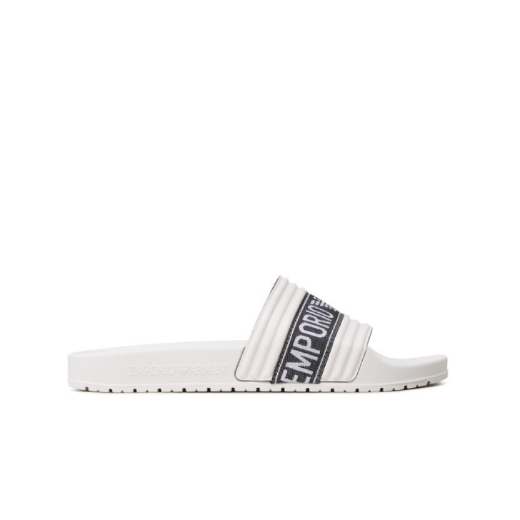 Emporio Armani Ciabatta Bianca in PVC con nastro in tessuto con logo jacquard a contrasto