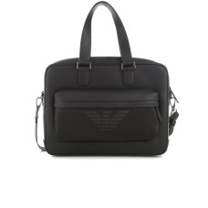 Emporio Armani Borsa Lavoro nera in pelle rigenerata stampa saffiano e tasca in nylon con maxi logo Aquila