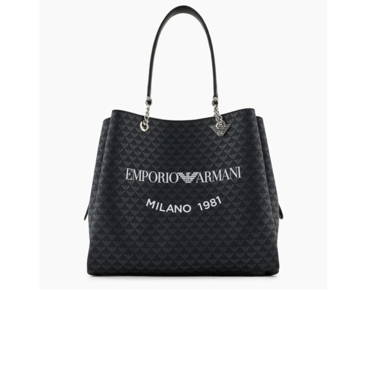 EMPORIO ARMANI SHOPPING BAG BLACK EAGLE ALL OVER CON CHARM AQUILA