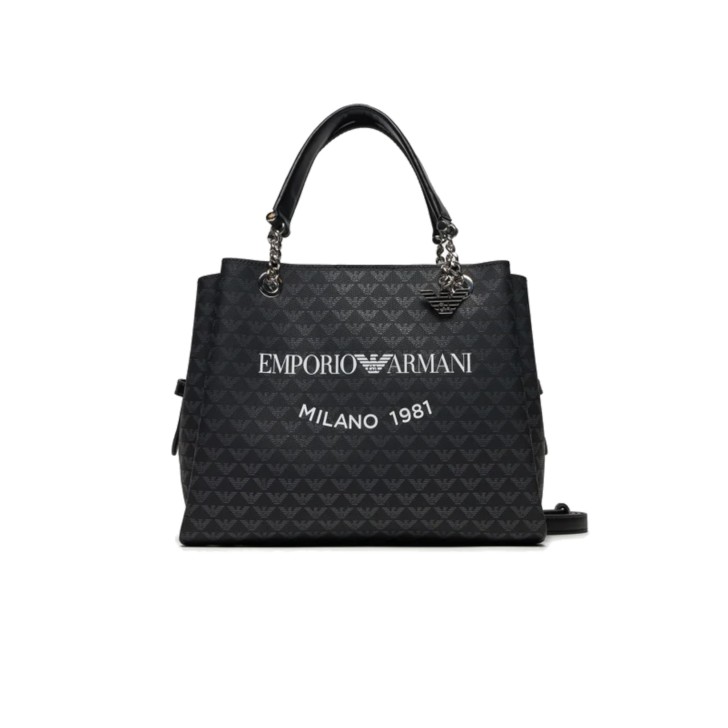 EMPORIO ARMANI SMALL SHOPPING BAG BLACK EAGLE ALL OVER CON CHARM AQUILA