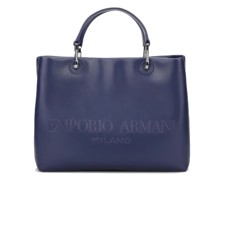 EMPORIO ARMANI SHOPPING BAG BLU CON TRACOLLA IN NASTRO CON LOGO LETTERING ALL OVER REGOLABILE ESTRAIBILE