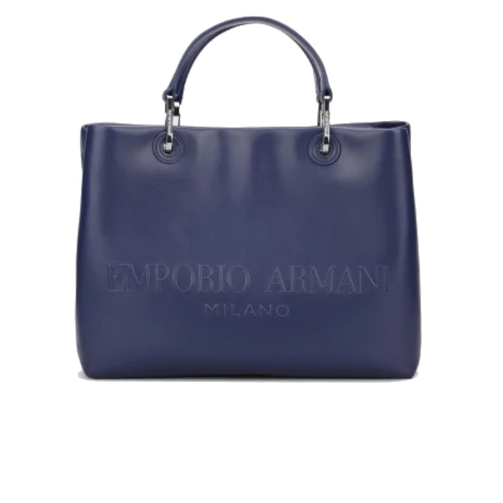 EMPORIO ARMANI SHOPPING BAG BLU CON TRACOLLA IN NASTRO CON LOGO LETTERING ALL OVER REGOLABILE ESTRAIBILE
