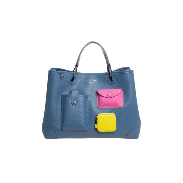 Emporio Armani Borsa a mano Blu Denim MyEA Bag small multitasche stampa cervo e tracolla regolabile, estraibile in nastro con logo lettering All Over