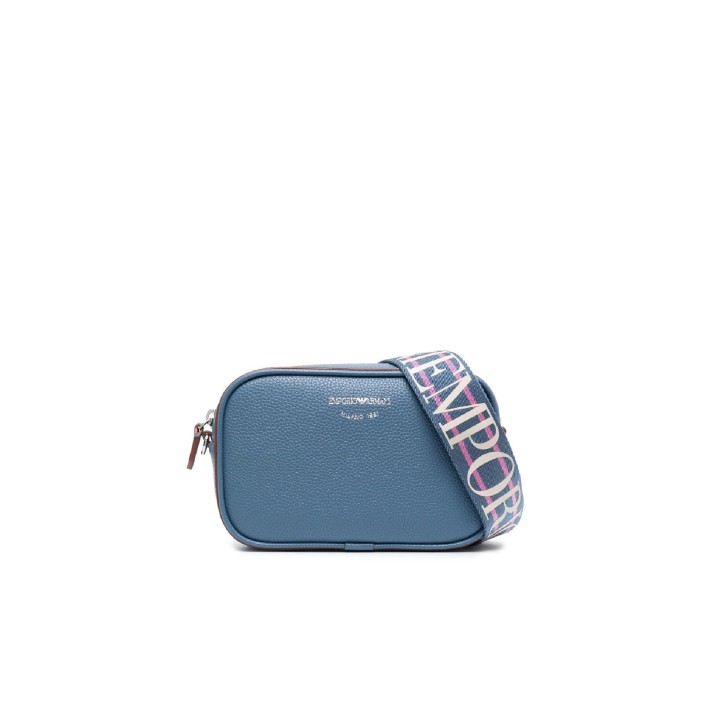 Emporio Armani Mini Borsa Denim Blu con tracolla in nastro regolabile, estraibile con logo lettering All Over