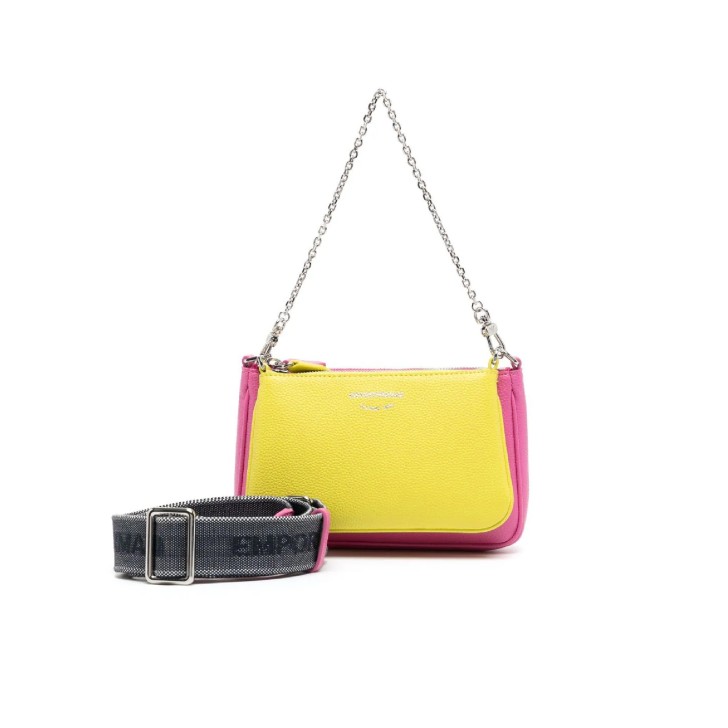 Emporio Armani Mini Borsa Doppia Fucsia e Verde Lime stampa cervo con tracolla regolabile, estraibile in nastro con logo lettering All Over