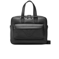 Emporio Armani Borsa Lavoro Nera in pelle rigenerata stampa saffiano con tasca in nylon con chiusura zip e maxi logo Aquila