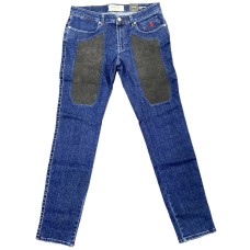 Jeckerson Jeans denim blu cinque tasche con toppe in Alcantara grigio scuro